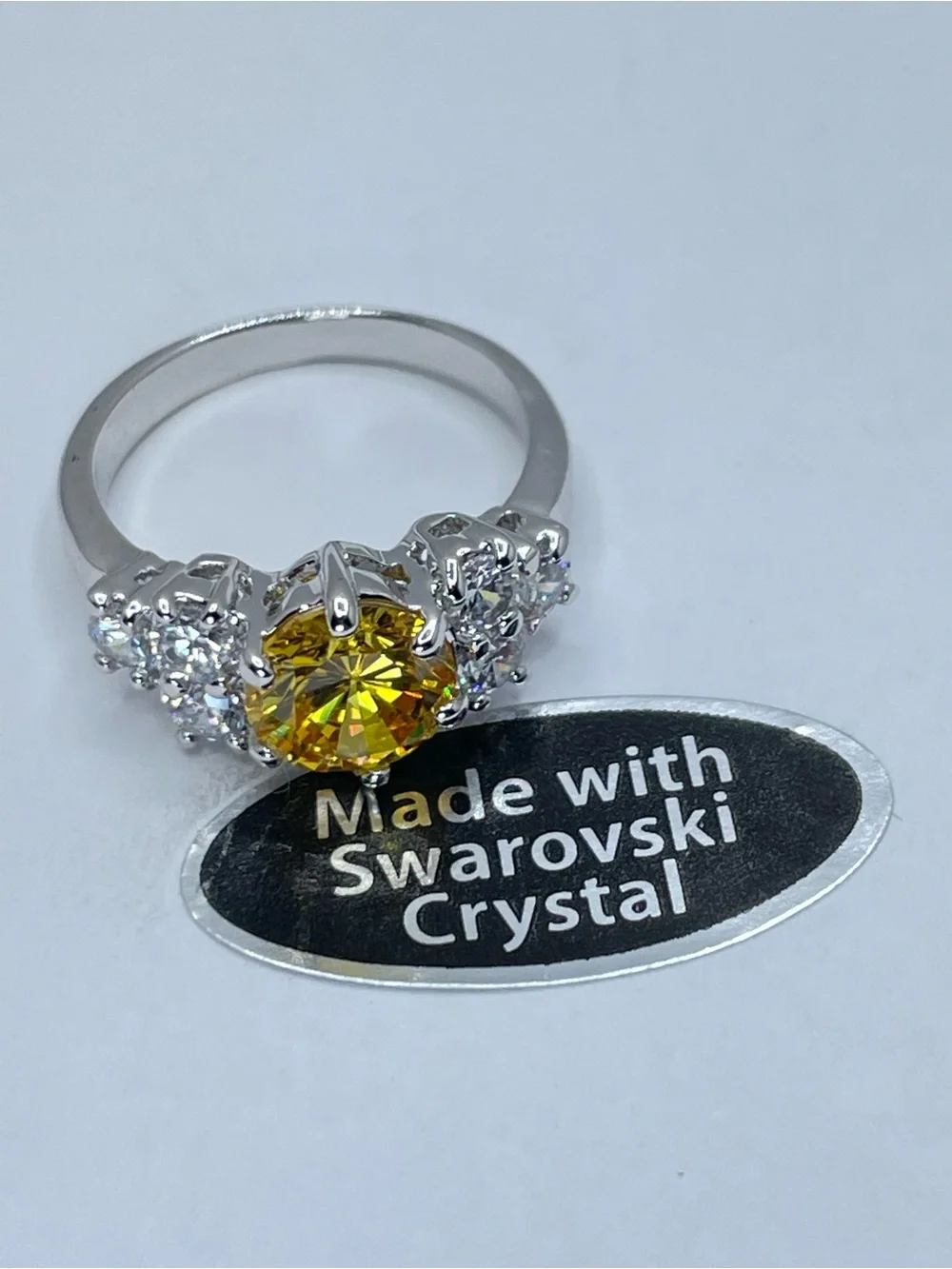 Swarovski Crystal Elements Canary Yellow Crystal Ring Silver Sz 6 Statement Glam